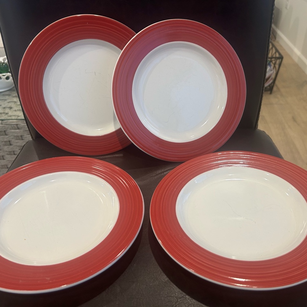 Set Of 2 USA Corningware Etch Stoneware Brick Red Dinner Plates - multiples